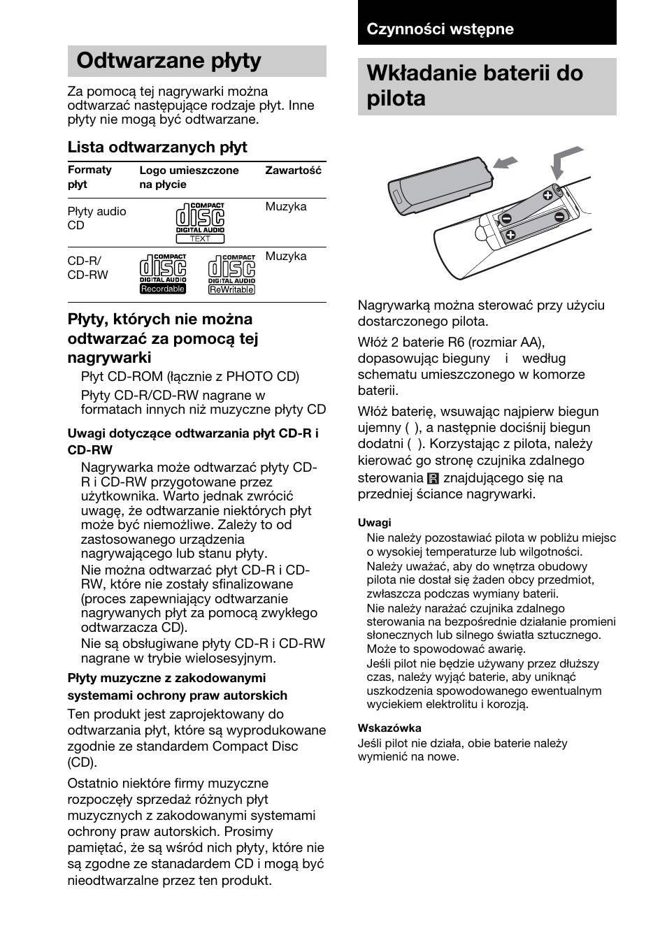 Odtwarzane p yty, Czynno ci wstípne, Wk adanie baterii do pilota | Odtwarzane płyty, Czynności wstępne, Wkładanie baterii do pilota | Sony HAR-LH500 User Manual | Page 86 / 120