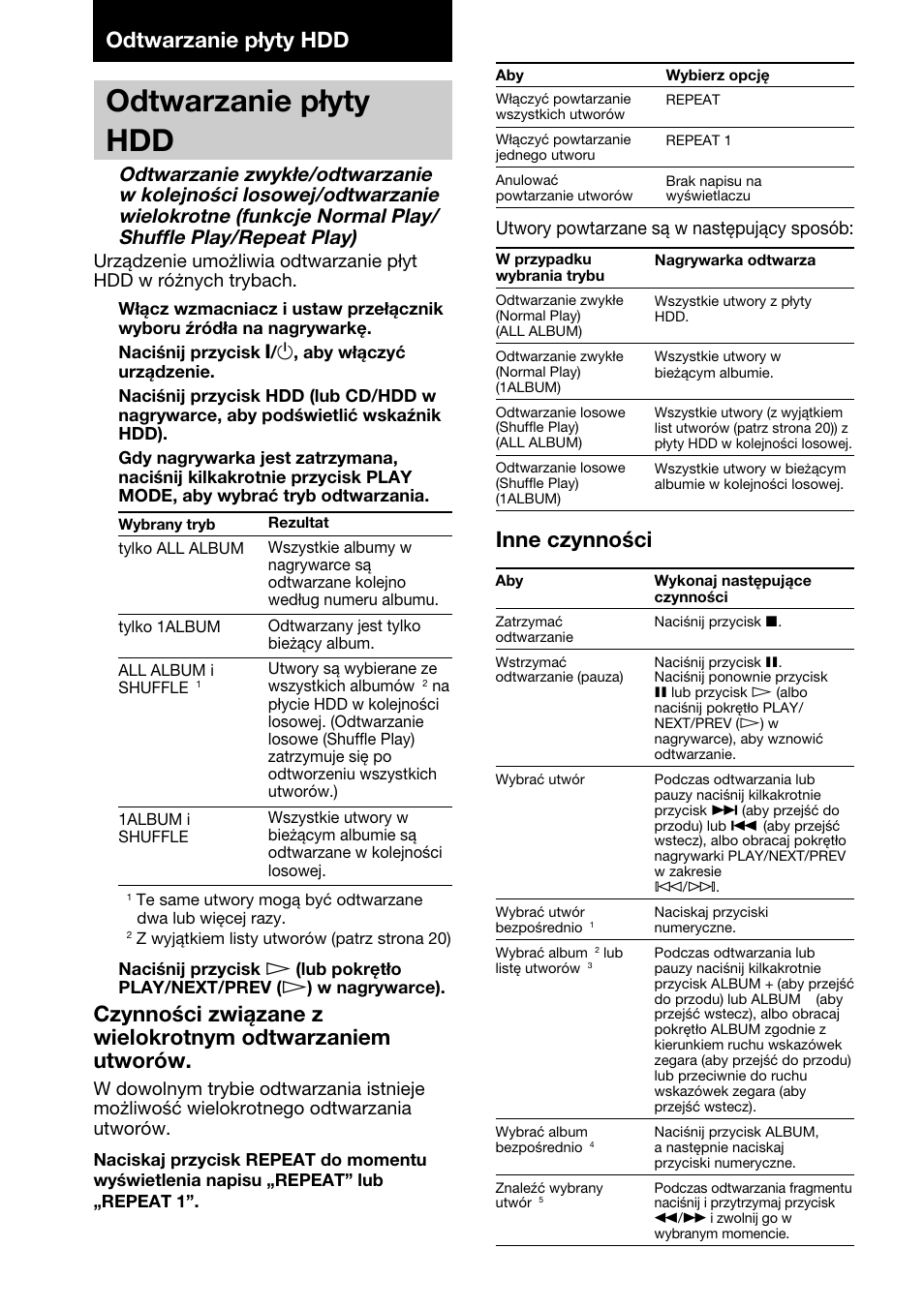 Odtwarzanie p yty hdd, Odtwarzanie płyty hdd, Inne czynności | Sony HAR-LH500 User Manual | Page 98 / 120