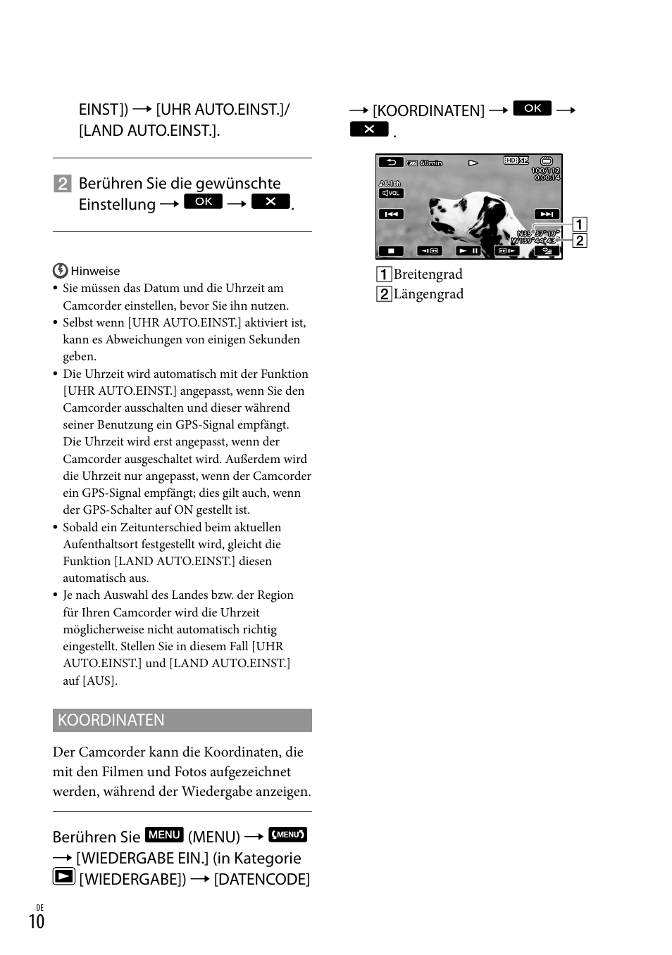 Koordinaten | Sony HDR-CX500E User Manual | Page 10 / 156