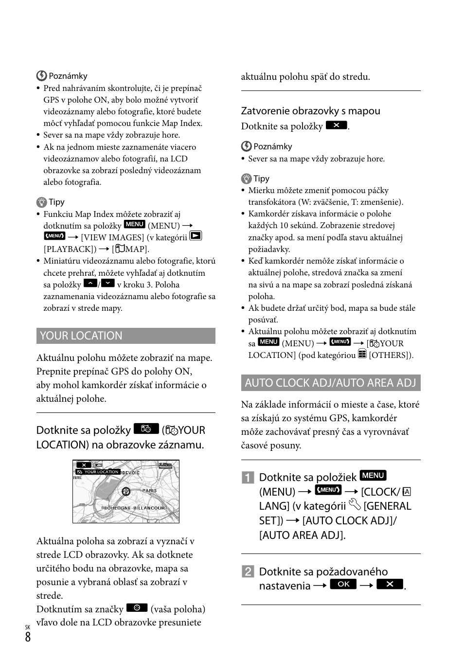 Auto clock adj/auto area adj, Your location | Sony HDR-CX500E User Manual | Page 108 / 156