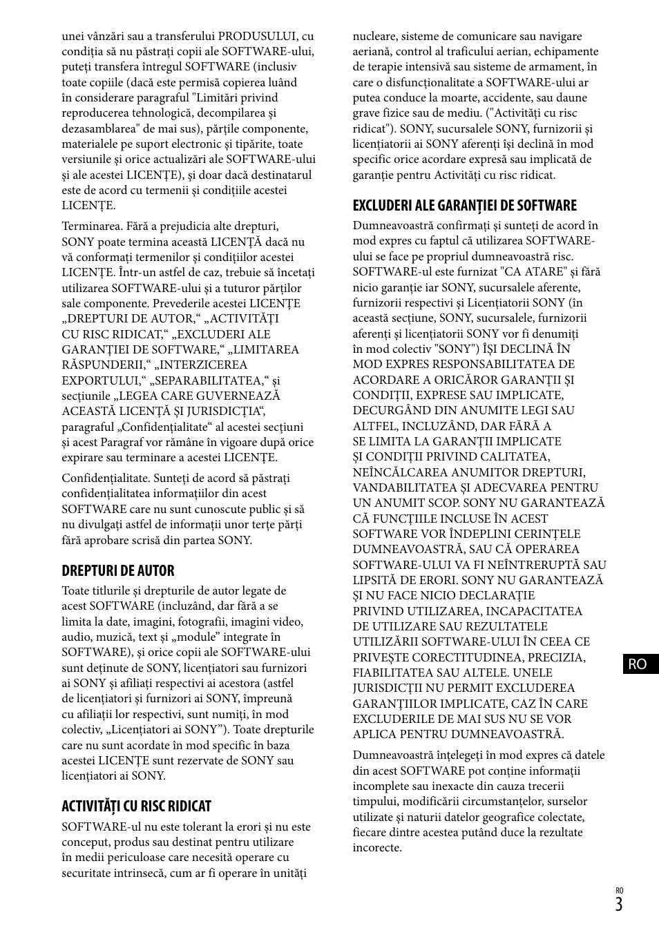 Drepturi de autor, Activităţi cu risc ridicat, Excluderi ale garanţiei de software | Sony HDR-CX500E User Manual | Page 113 / 156