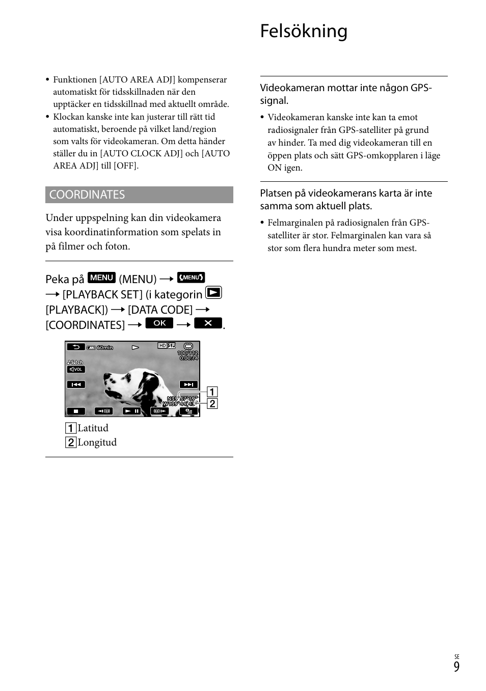 Felsökning, Coordinates | Sony HDR-CX500E User Manual | Page 129 / 156