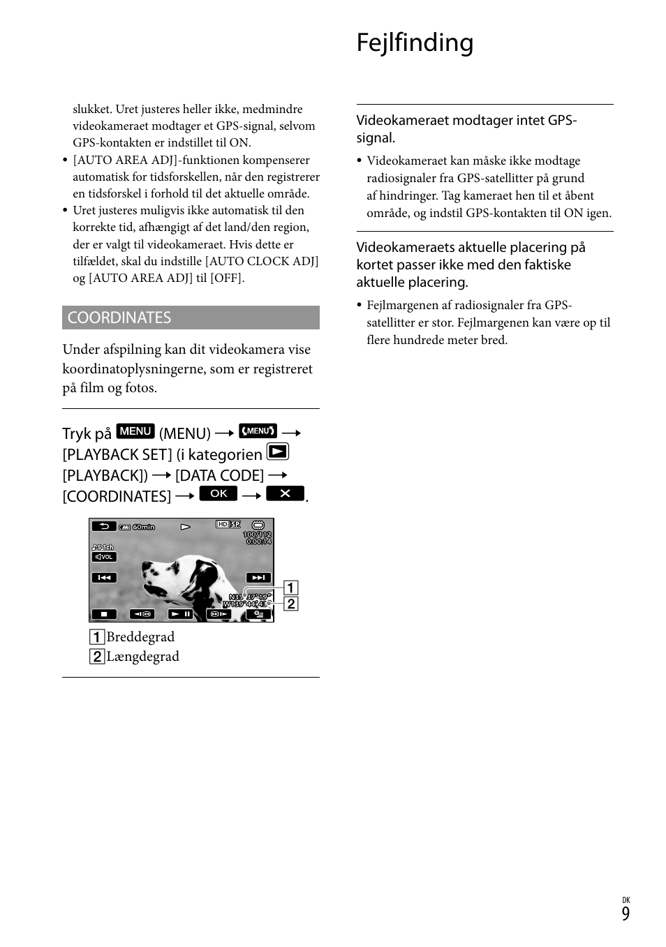 Fejlfinding, Coordinates | Sony HDR-CX500E User Manual | Page 139 / 156