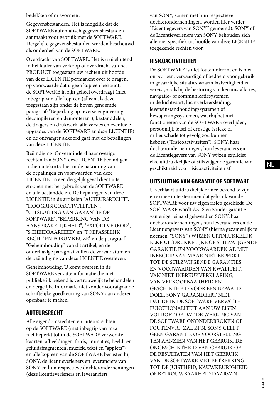 Auteursrecht, Risicoactiviteiten, Uitsluiting van garantie op software | Sony HDR-CX500E User Manual | Page 15 / 156