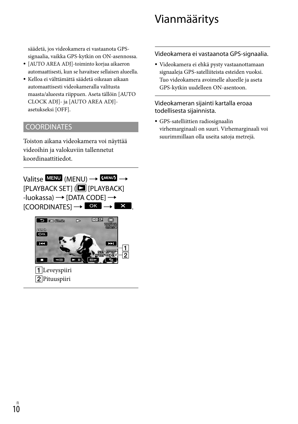 Vianmääritys, Coordinates | Sony HDR-CX500E User Manual | Page 150 / 156