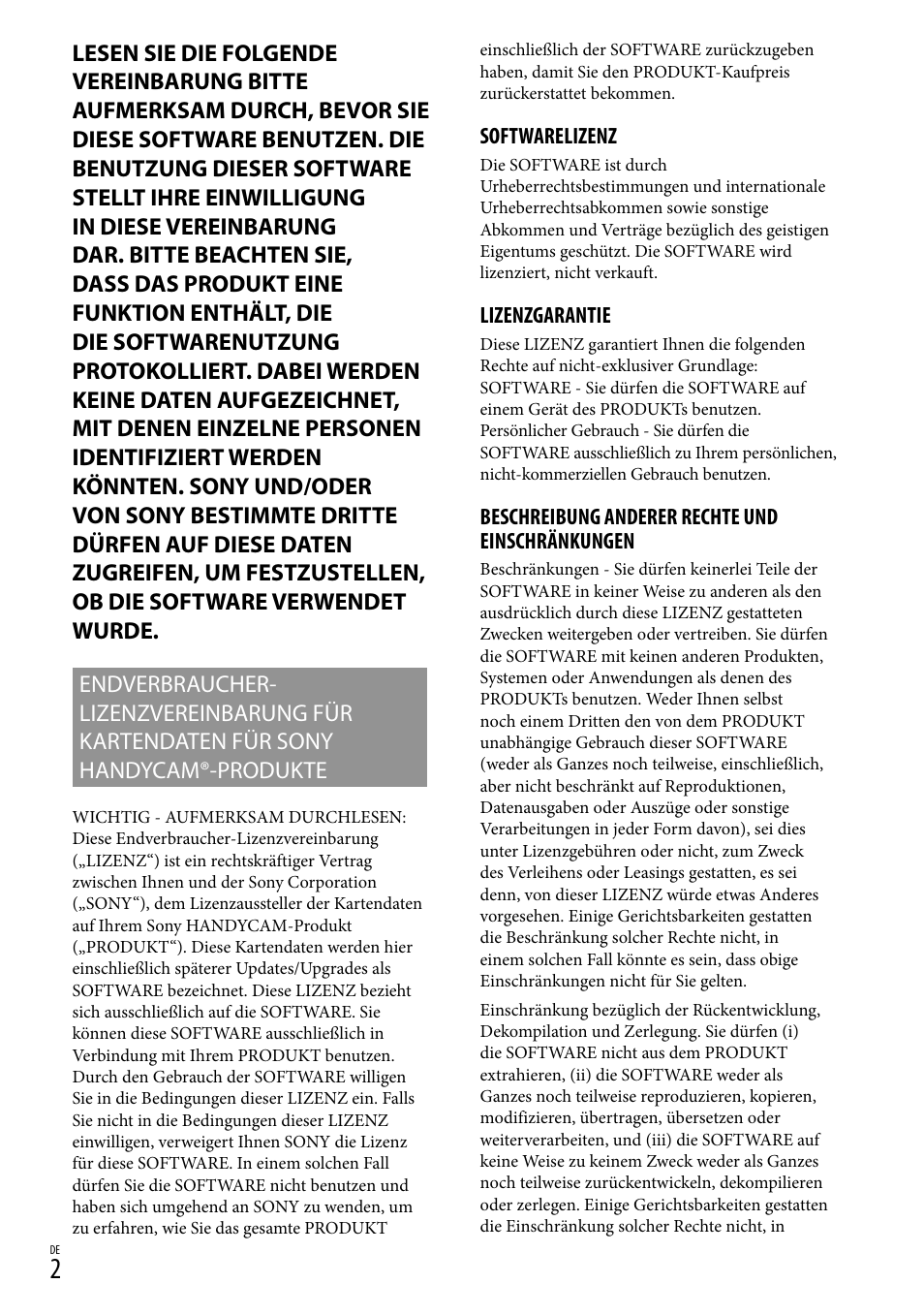 Softwarelizenz, Lizenzgarantie, Beschreibung anderer rechte und einschränkungen | Sony HDR-CX500E User Manual | Page 2 / 156