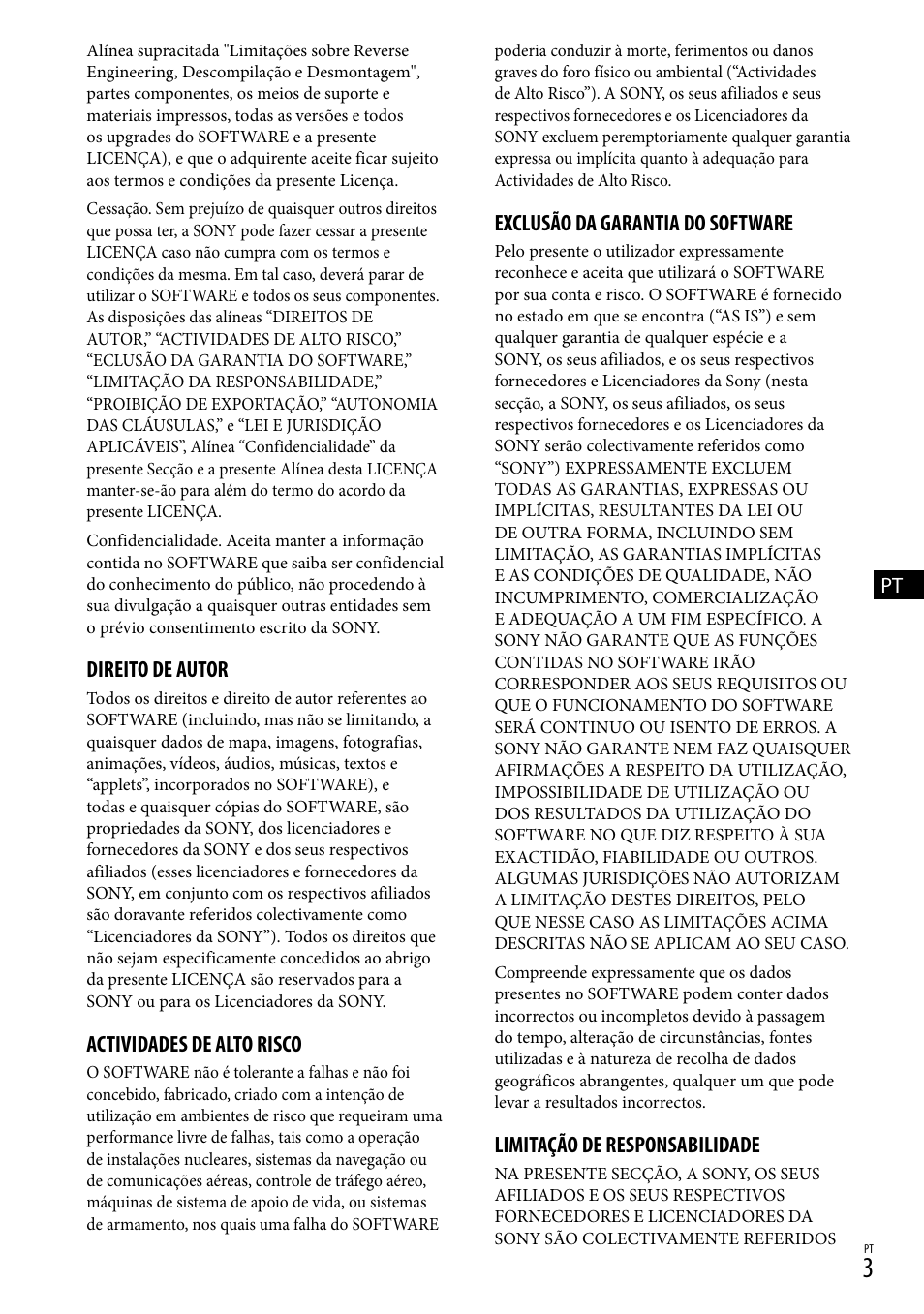 Direito de autor, Actividades de alto risco, Exclusão da garantia do software | Limitação de responsabilidade | Sony HDR-CX500E User Manual | Page 27 / 156