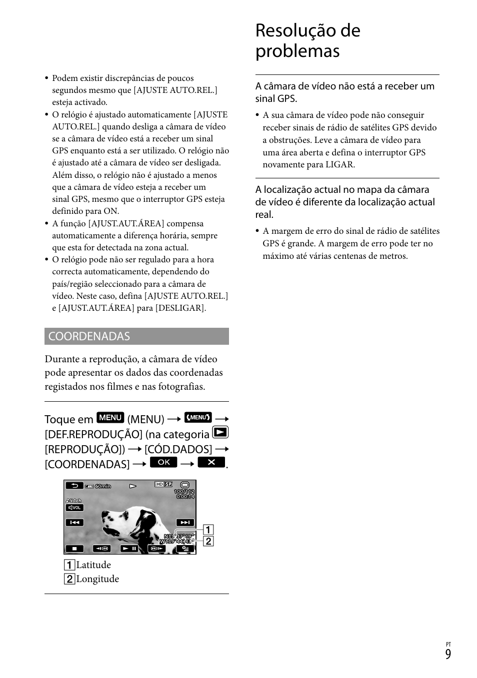 Resolução de problemas, Coordenadas | Sony HDR-CX500E User Manual | Page 33 / 156