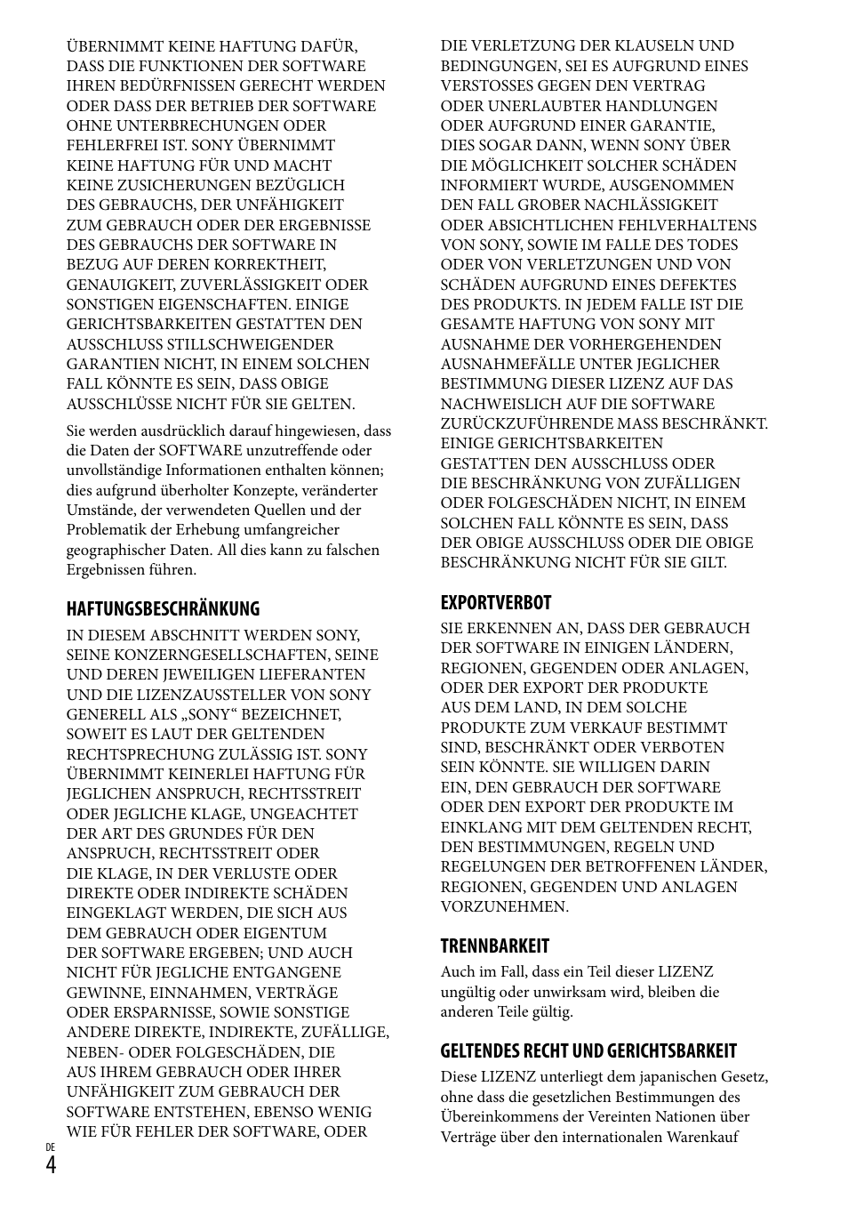 Haftungsbeschränkung, Exportverbot, Trennbarkeit | Geltendes recht und gerichtsbarkeit | Sony HDR-CX500E User Manual | Page 4 / 156