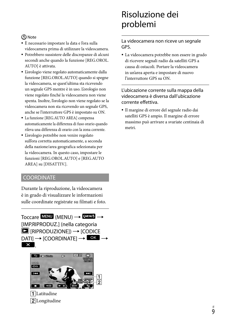 Risoluzione dei problemi, Coordinate | Sony HDR-CX500E User Manual | Page 43 / 156