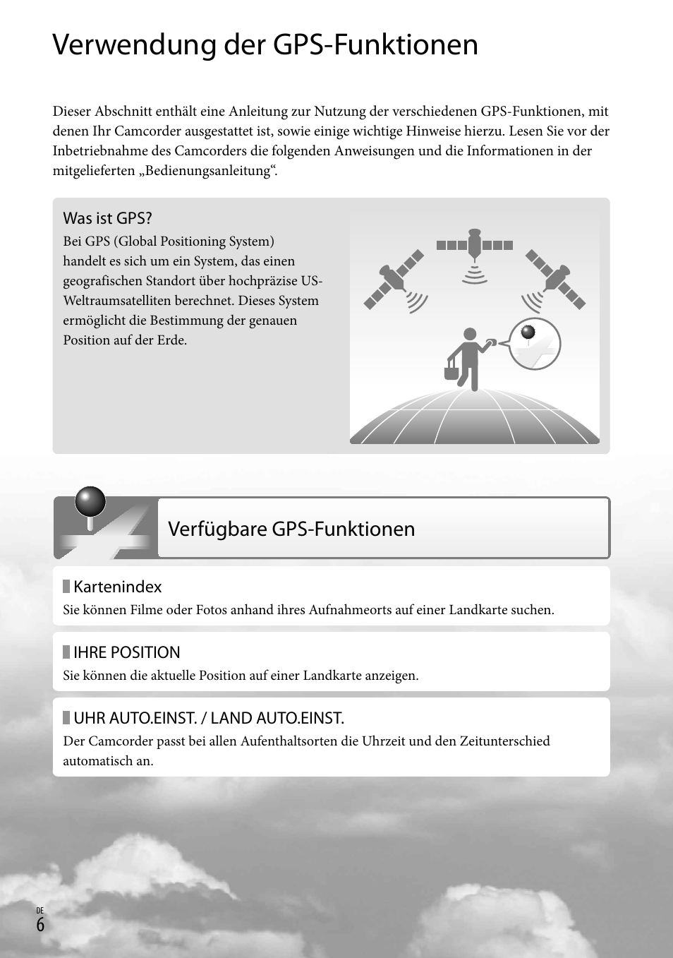 Verwendung der gps-funktionen, Verfügbare gps-funktionen | Sony HDR-CX500E User Manual | Page 6 / 156