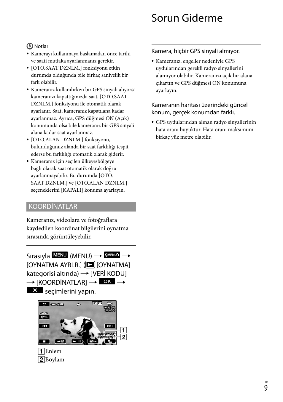 Sorun giderme, Koordinatlar | Sony HDR-CX500E User Manual | Page 65 / 156