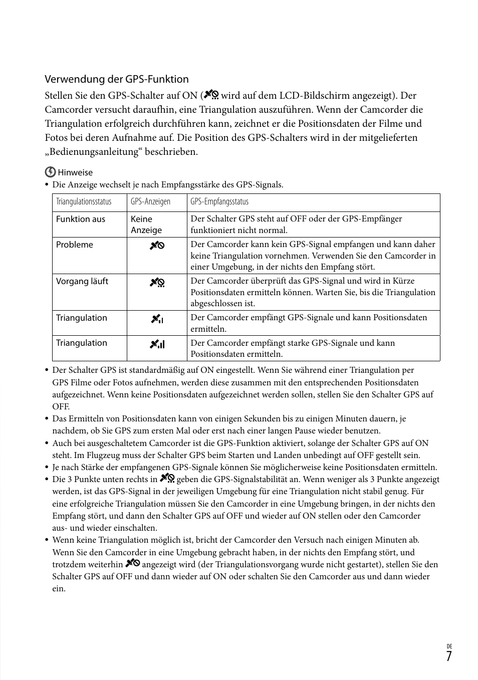 Verwendung der gps-funktion | Sony HDR-CX500E User Manual | Page 7 / 156