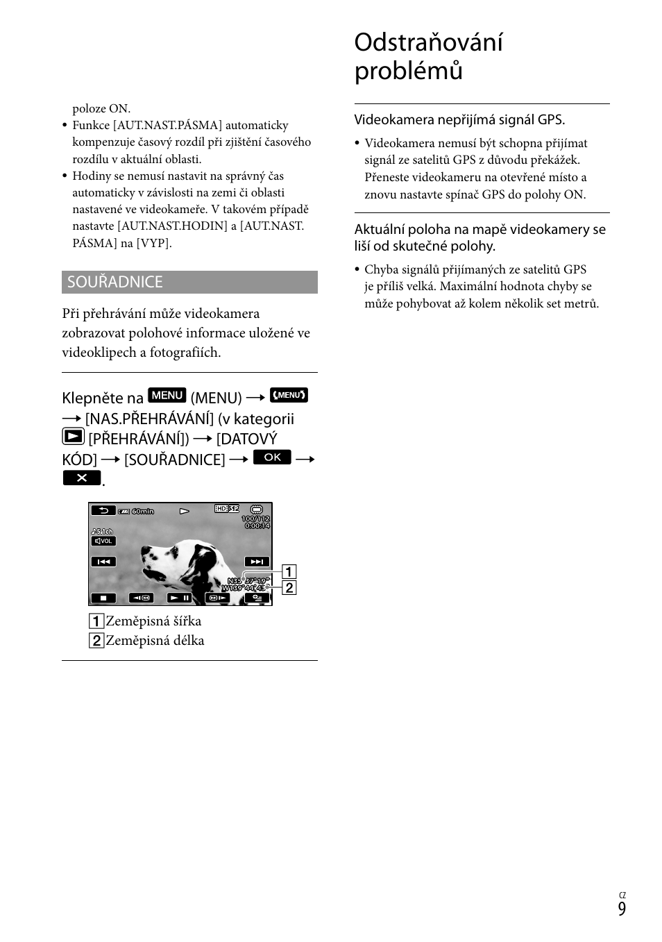 Odstraňování problémů, Souřadnice | Sony HDR-CX500E User Manual | Page 87 / 156