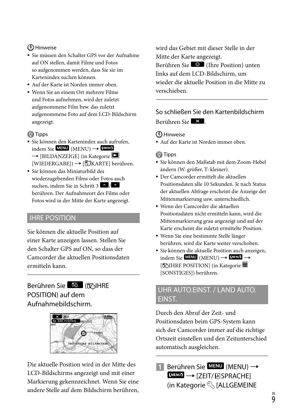 Uhr auto.einst. / land auto. einst, Ihre position | Sony HDR-CX500E User Manual | Page 9 / 156