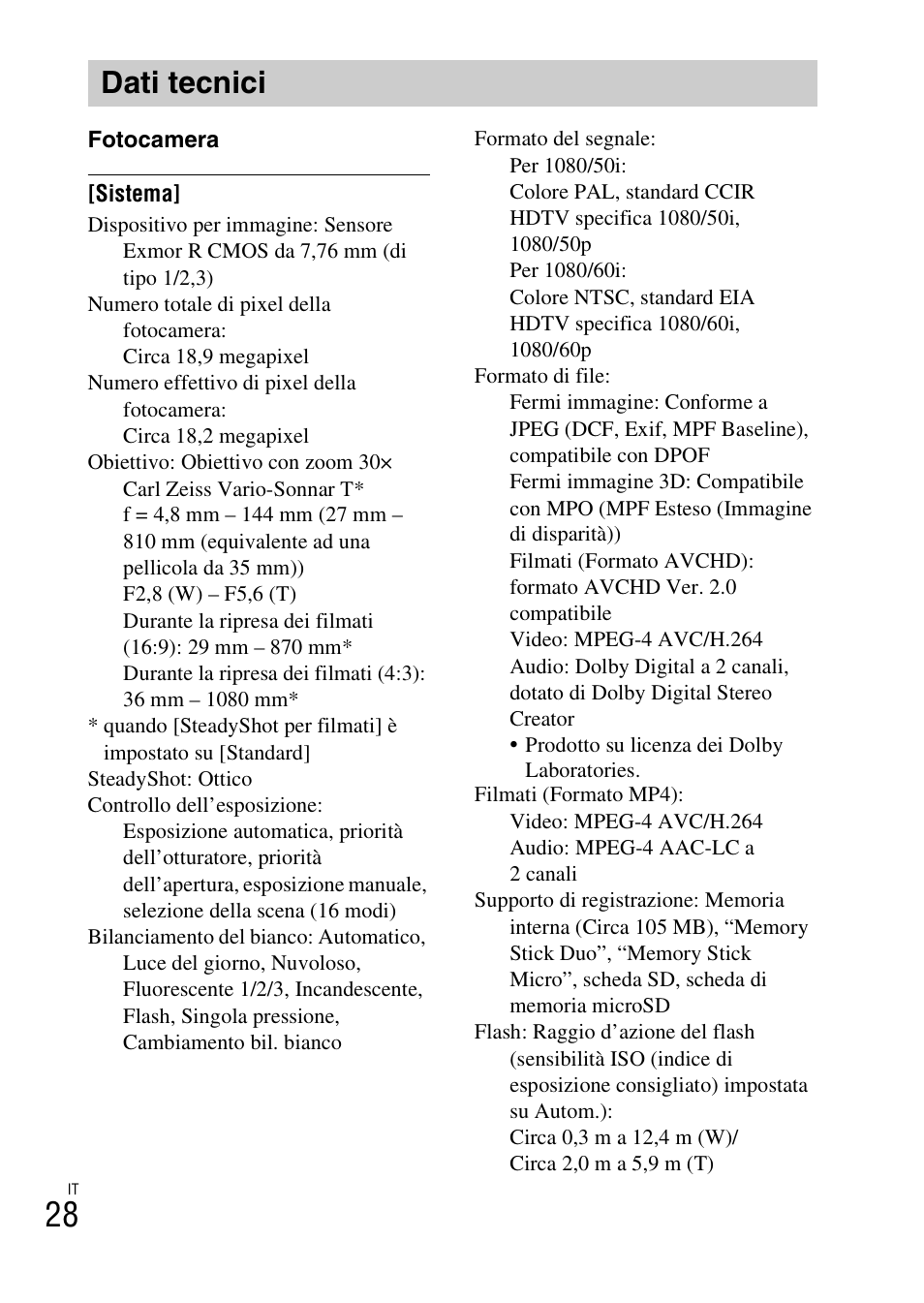 Dati tecnici | Sony DSC-HX200V User Manual | Page 100 / 603