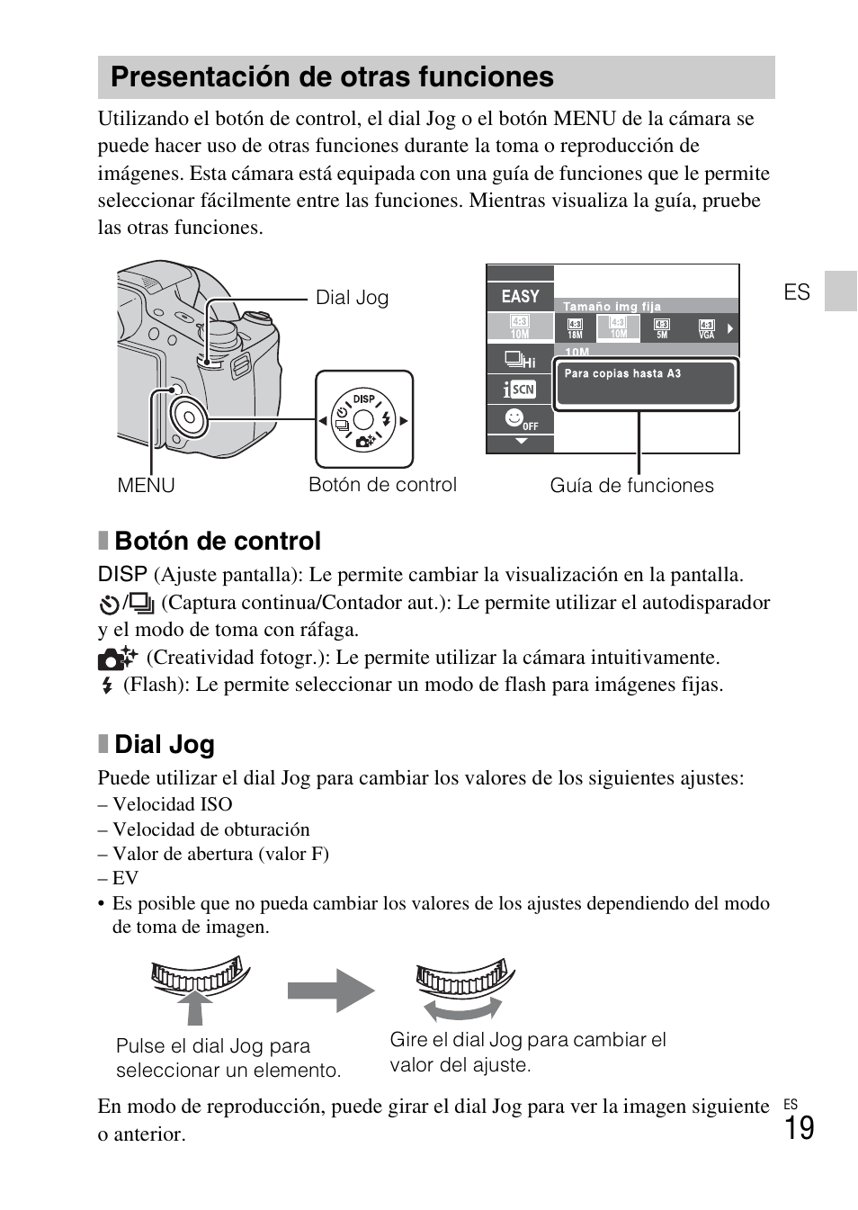 Presentación de otras funciones, Xbotón de control, Xdial jog | Sony DSC-HX200V User Manual | Page 121 / 603