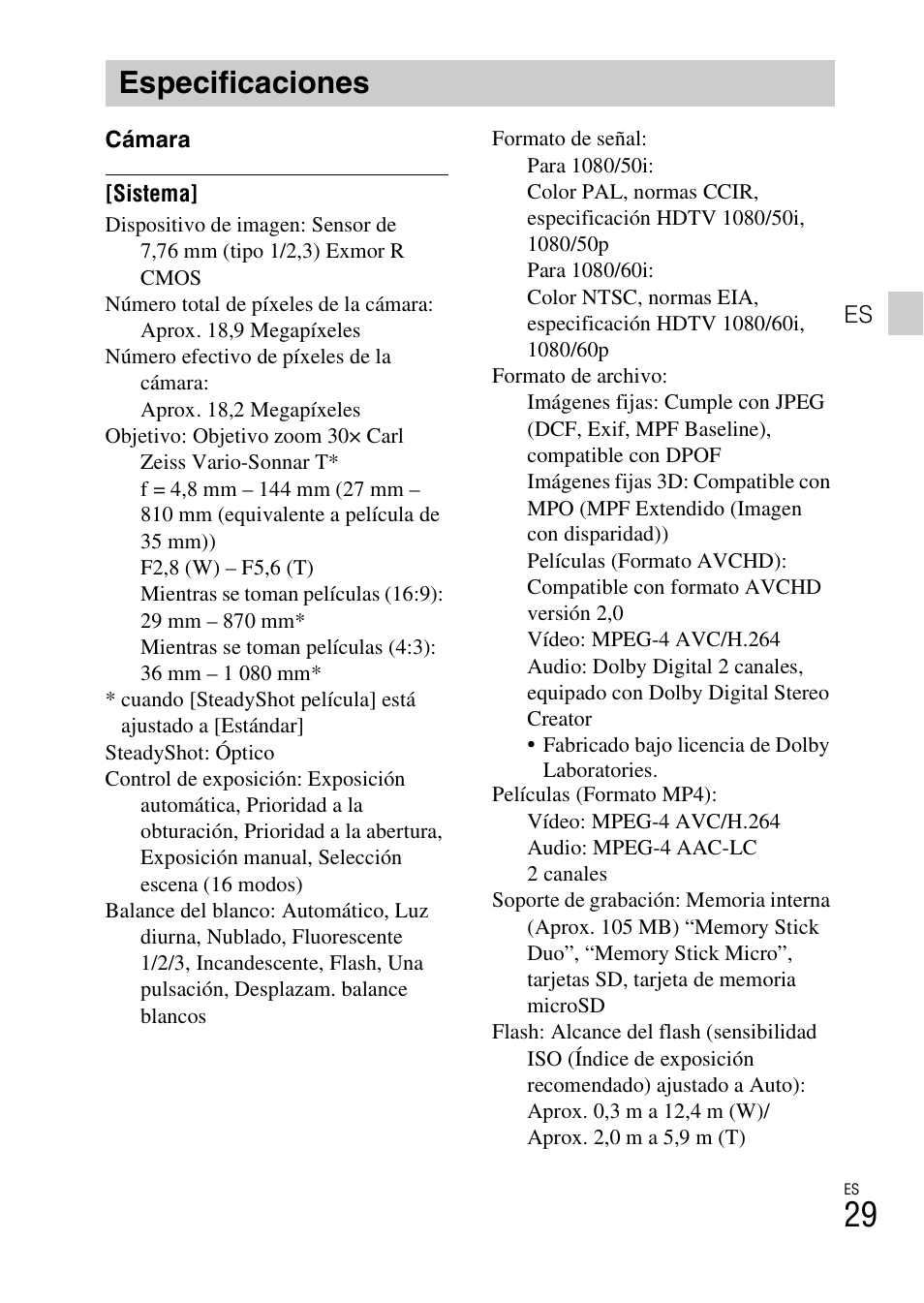 Especificaciones | Sony DSC-HX200V User Manual | Page 131 / 603