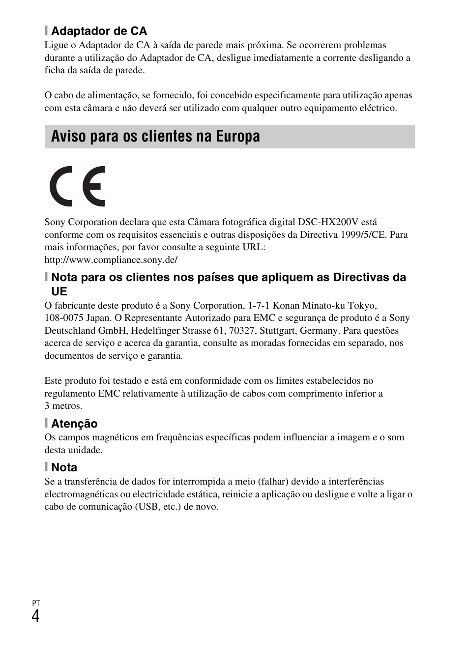 Aviso para os clientes na europa | Sony DSC-HX200V User Manual | Page 136 / 603