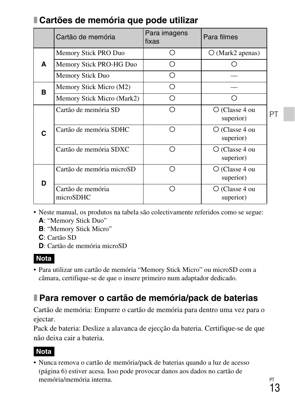 Xcartões de memória que pode utilizar, Xpara remover o cartão de memória/pack de baterias | Sony DSC-HX200V User Manual | Page 145 / 603