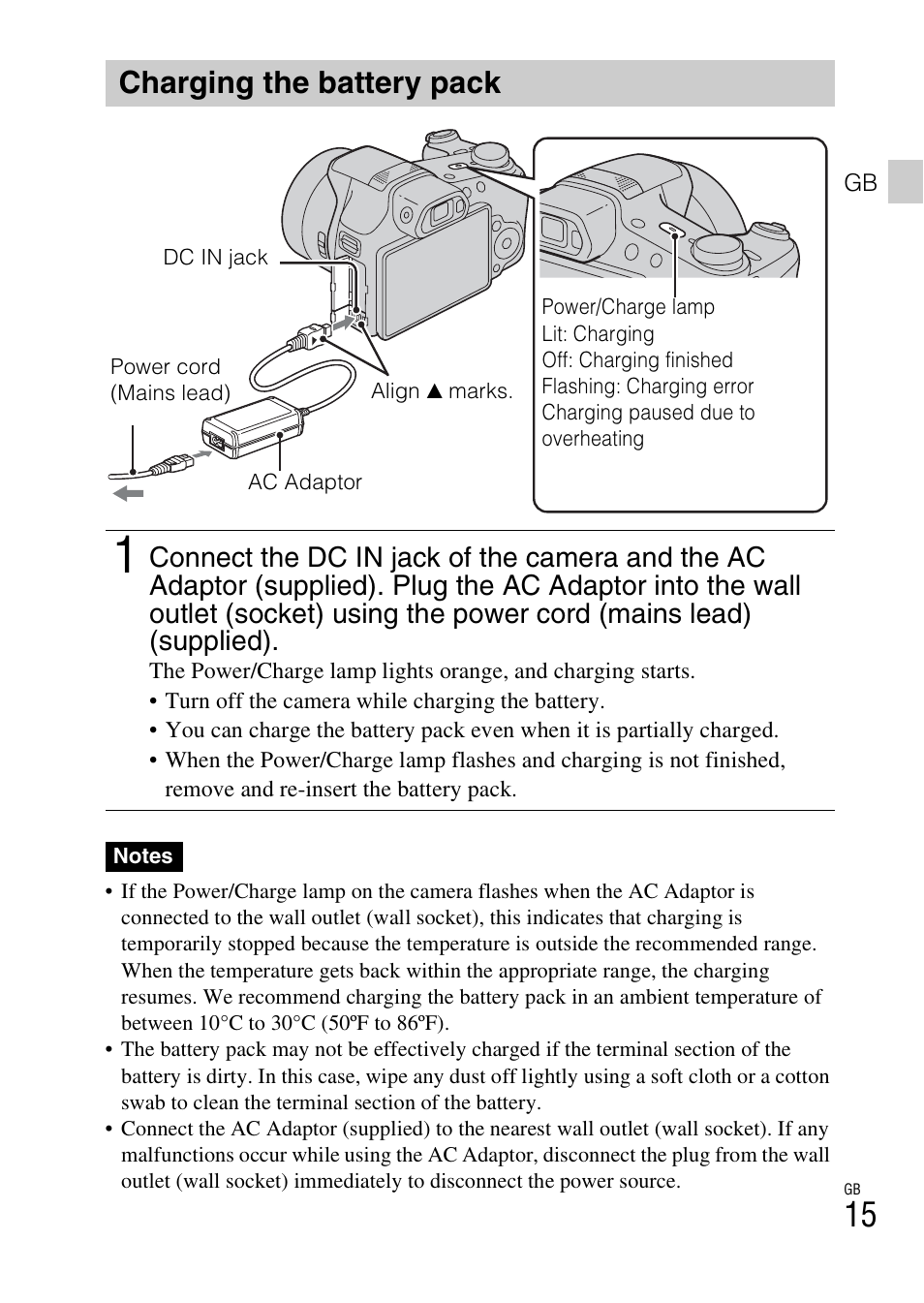 Charging the battery pack | Sony DSC-HX200V User Manual | Page 15 / 603