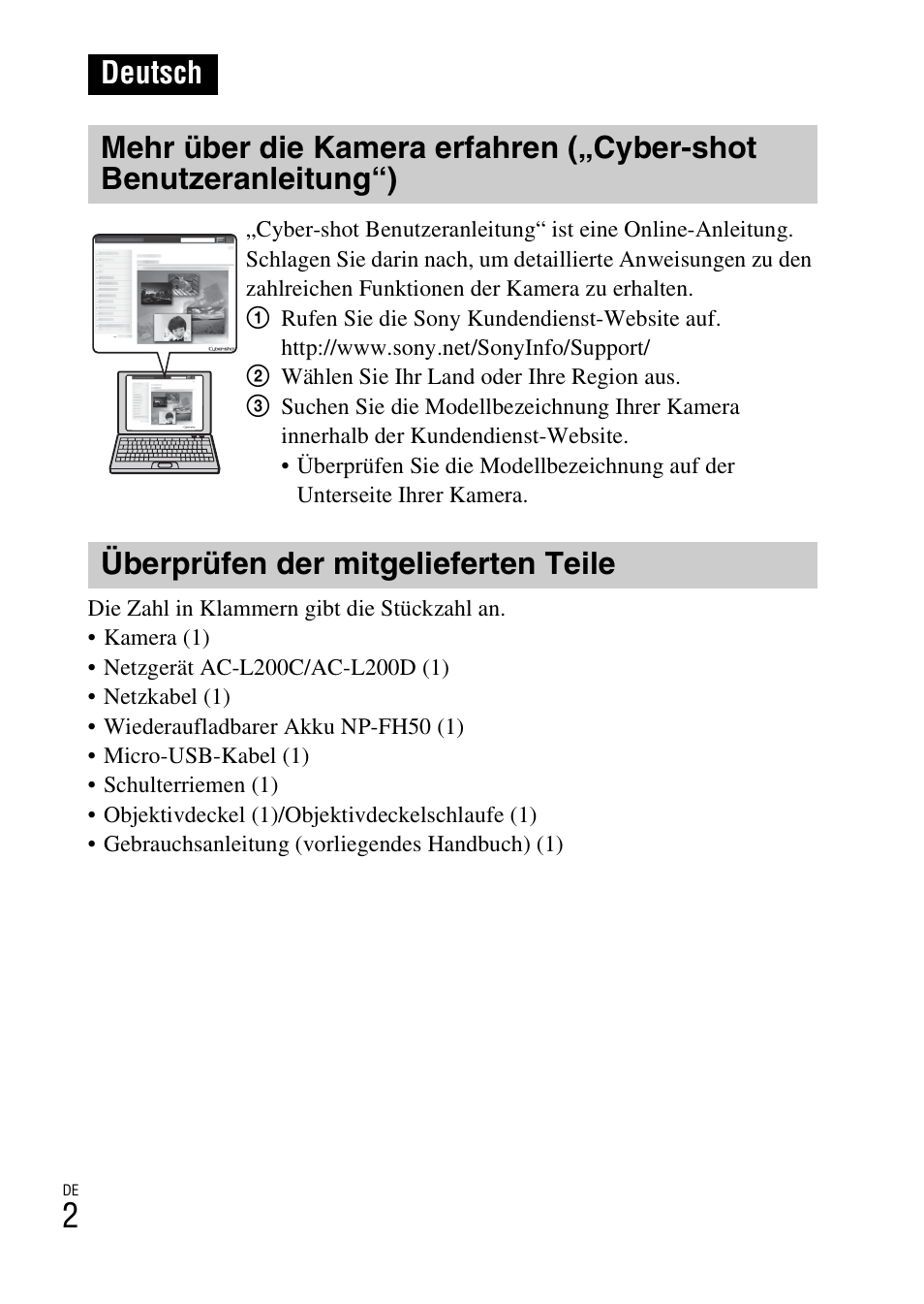 Deutsch, Überprüfen der mitgelieferten teile | Sony DSC-HX200V User Manual | Page 164 / 603