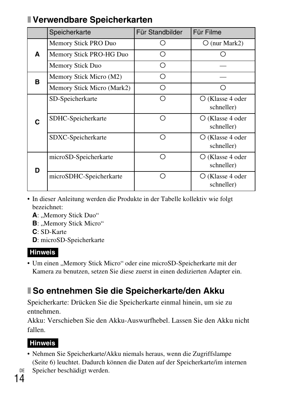Xverwendbare speicherkarten, Xso entnehmen sie die speicherkarte/den akku | Sony DSC-HX200V User Manual | Page 176 / 603