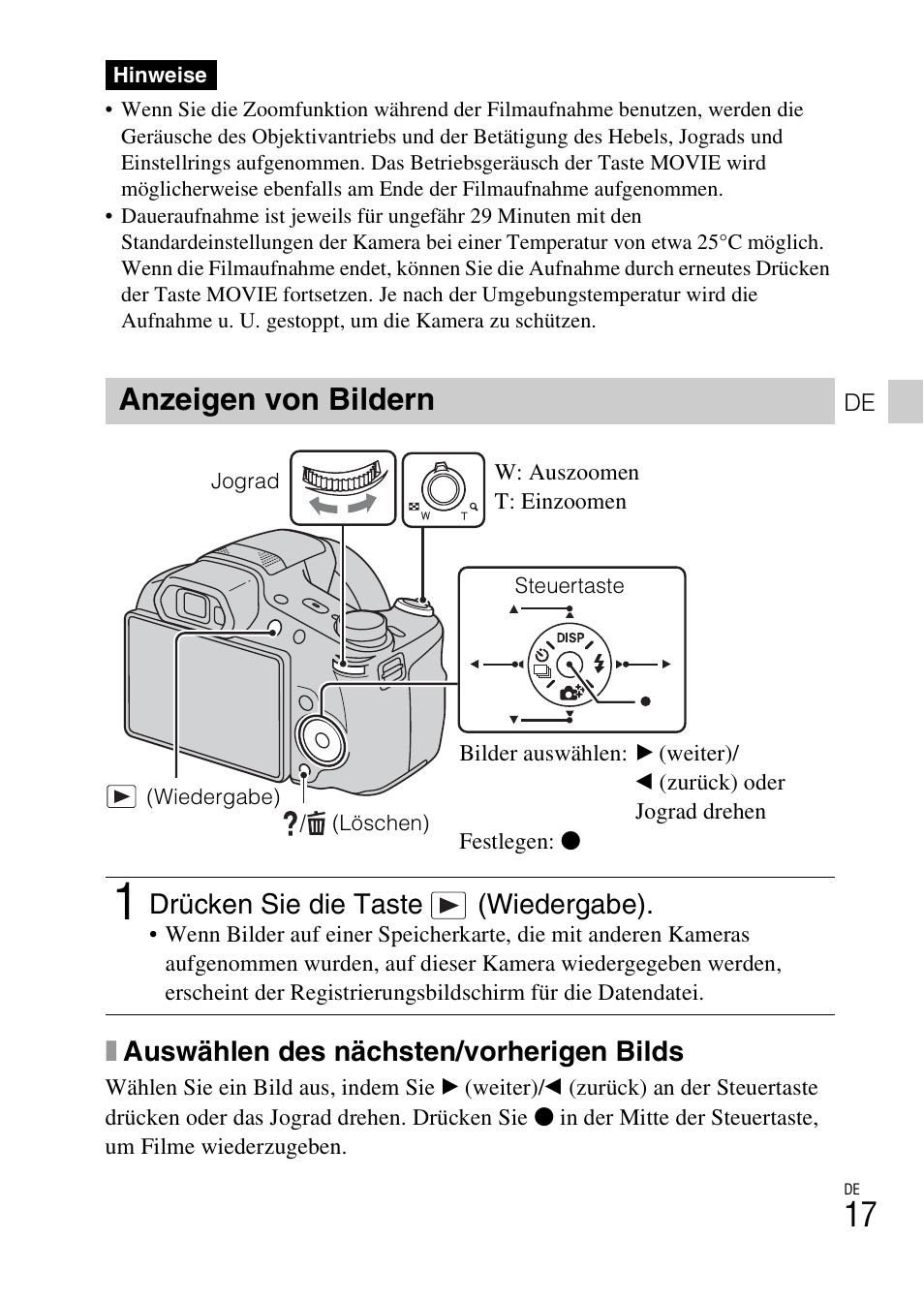 Anzeigen von bildern, Xauswählen des nächsten/vorherigen bilds, Drücken sie die taste (wiedergabe) | Sony DSC-HX200V User Manual | Page 179 / 603