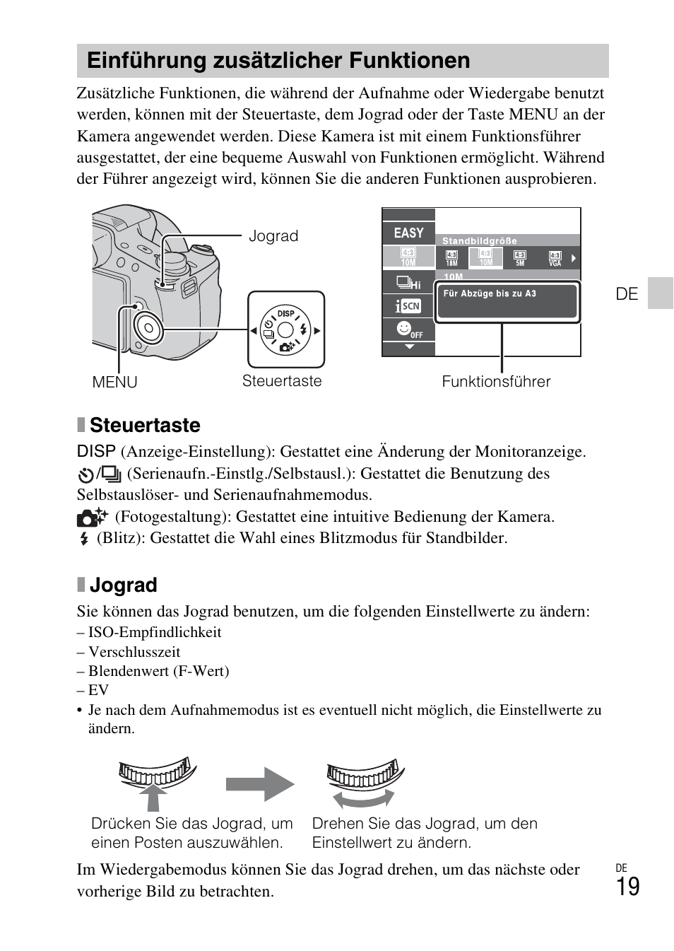 Einführung zusätzlicher funktionen, Xsteuertaste, Xjograd | Sony DSC-HX200V User Manual | Page 181 / 603