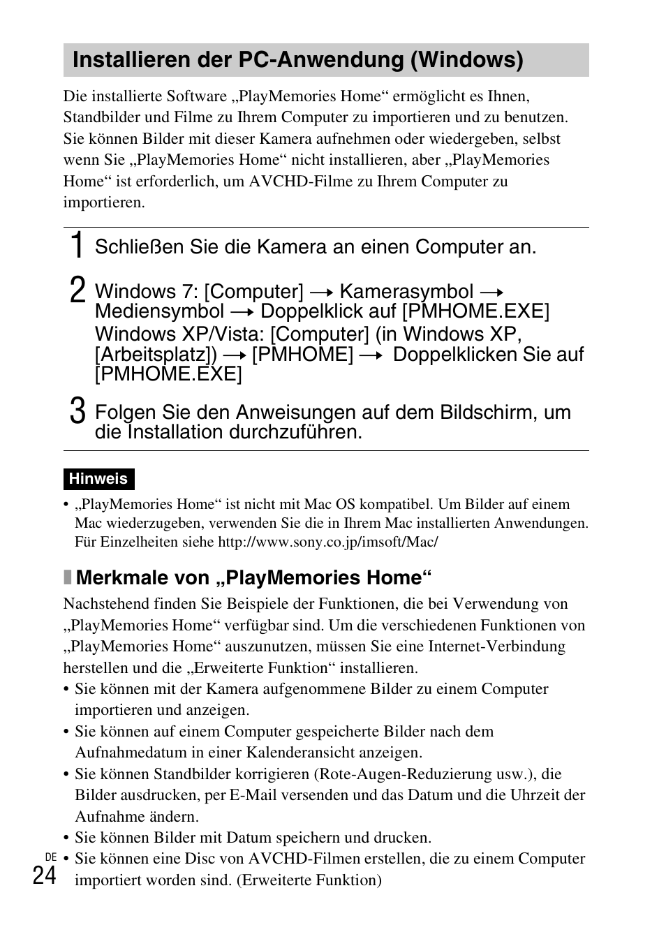 Installieren der pc-anwendung (windows) | Sony DSC-HX200V User Manual | Page 186 / 603