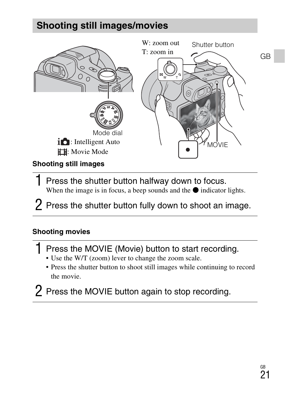 Shooting still images/movies | Sony DSC-HX200V User Manual | Page 21 / 603