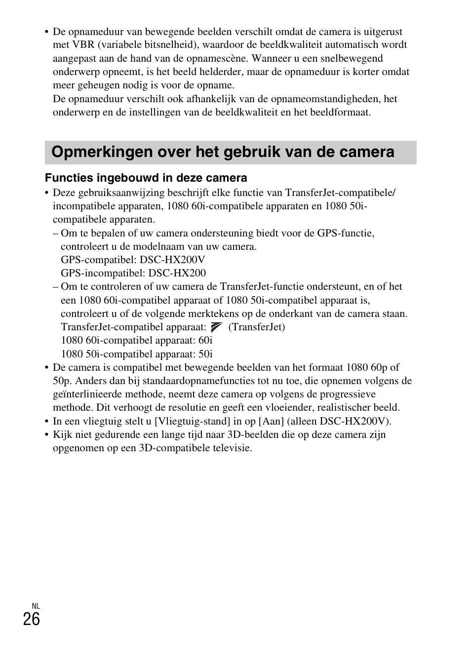 Opmerkingen over het gebruik van de camera | Sony DSC-HX200V User Manual | Page 218 / 603