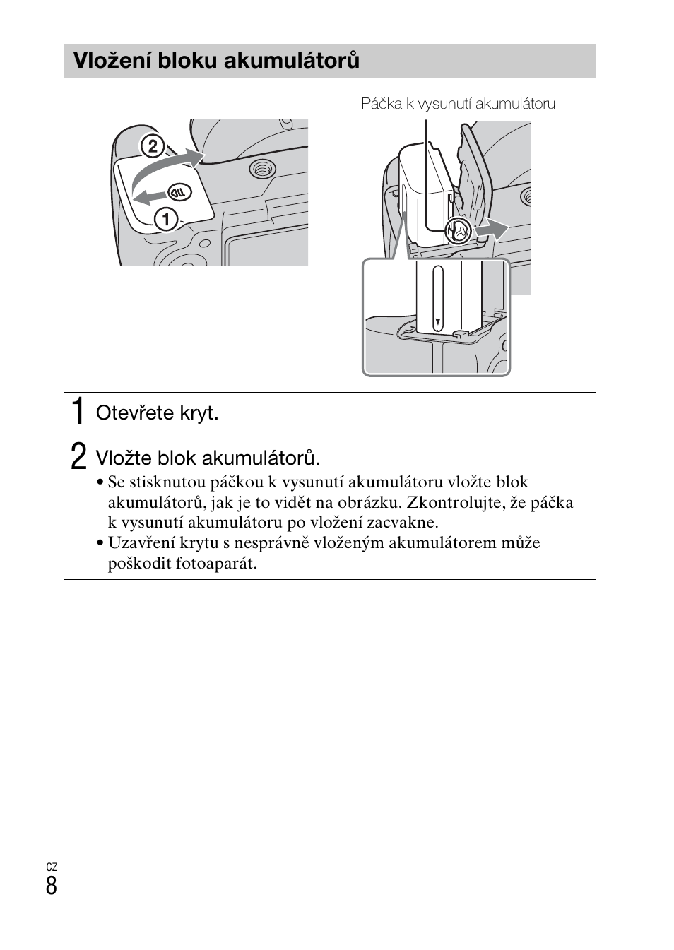 Vložení bloku akumulátorů | Sony DSC-HX200V User Manual | Page 262 / 603