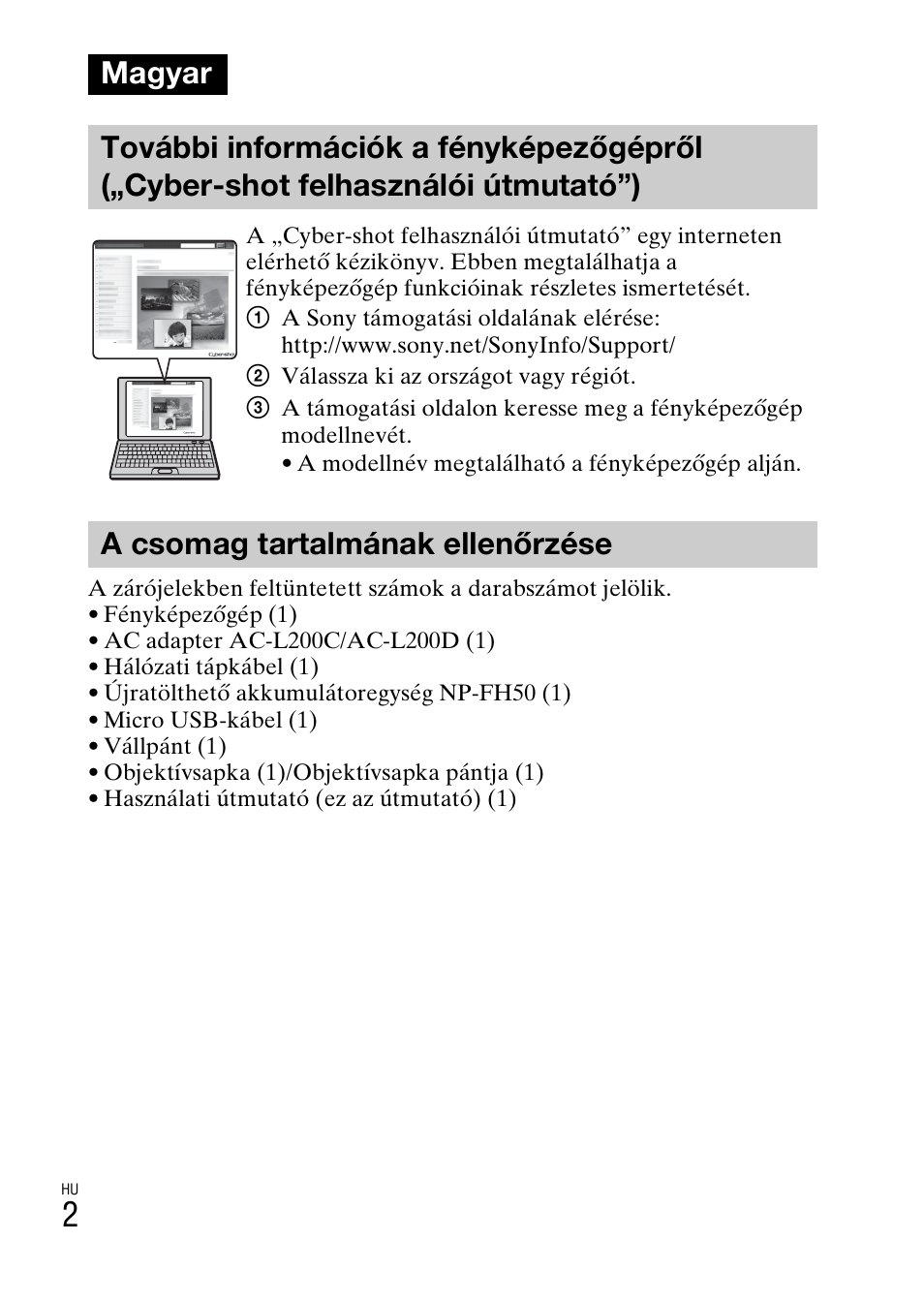 Magyar, A csomag tartalmának ellenőrzése | Sony DSC-HX200V User Manual | Page 286 / 603