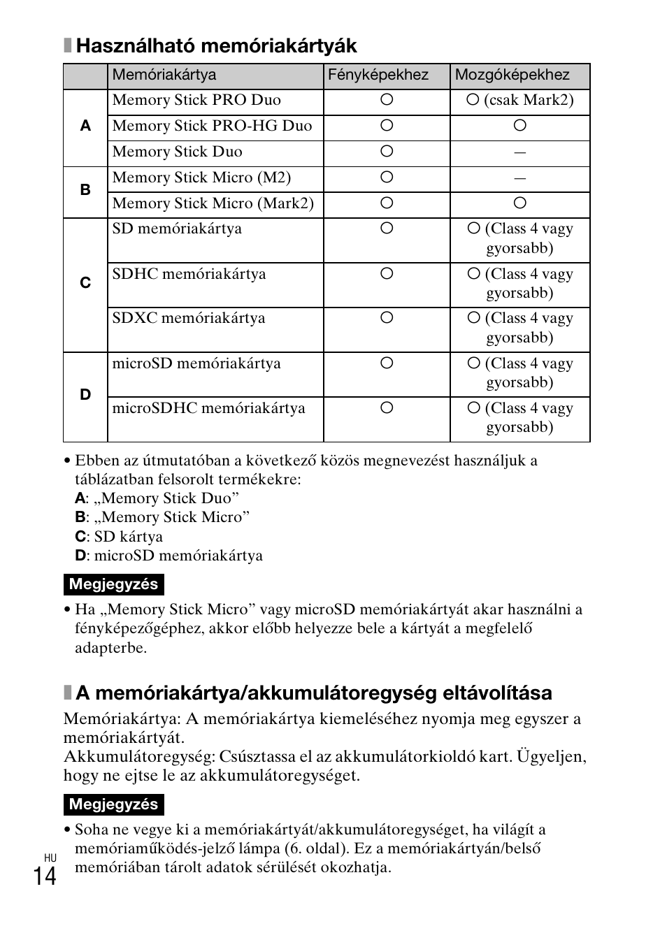 Xhasználható memóriakártyák, Xa memóriakártya/akkumulátoregység eltávolítása | Sony DSC-HX200V User Manual | Page 298 / 603