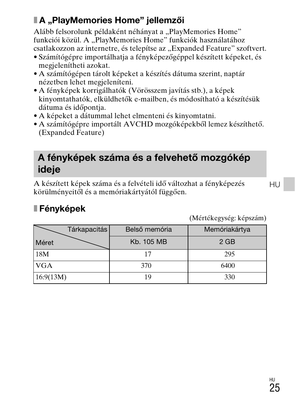 A fényképek száma és a felvehető mozgókép ideje, Xfényképek | Sony DSC-HX200V User Manual | Page 309 / 603