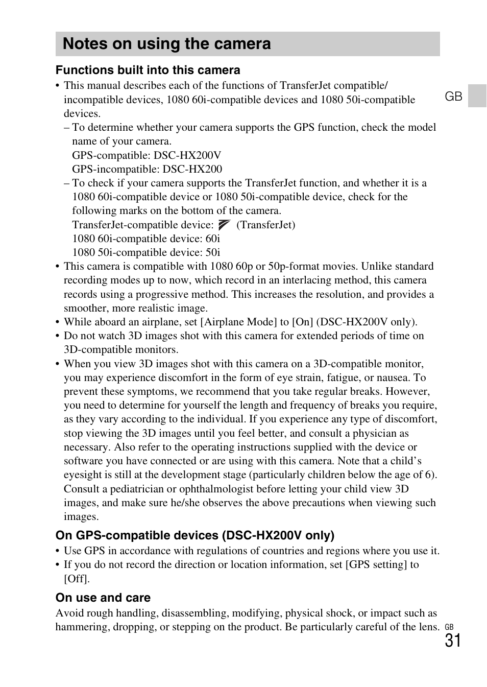 Notes on using the camera | Sony DSC-HX200V User Manual | Page 31 / 603