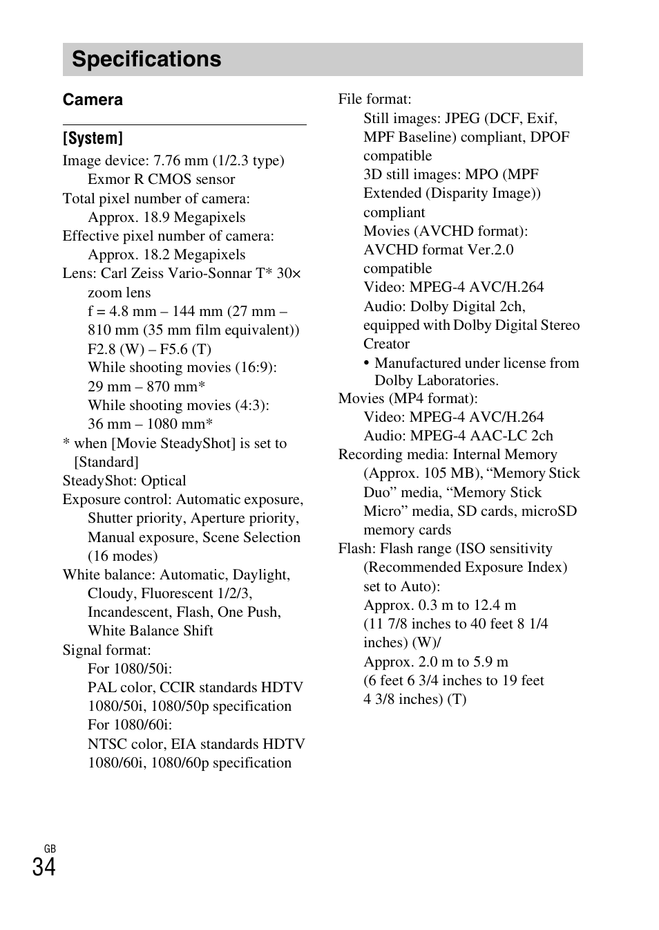 Specifications | Sony DSC-HX200V User Manual | Page 34 / 603