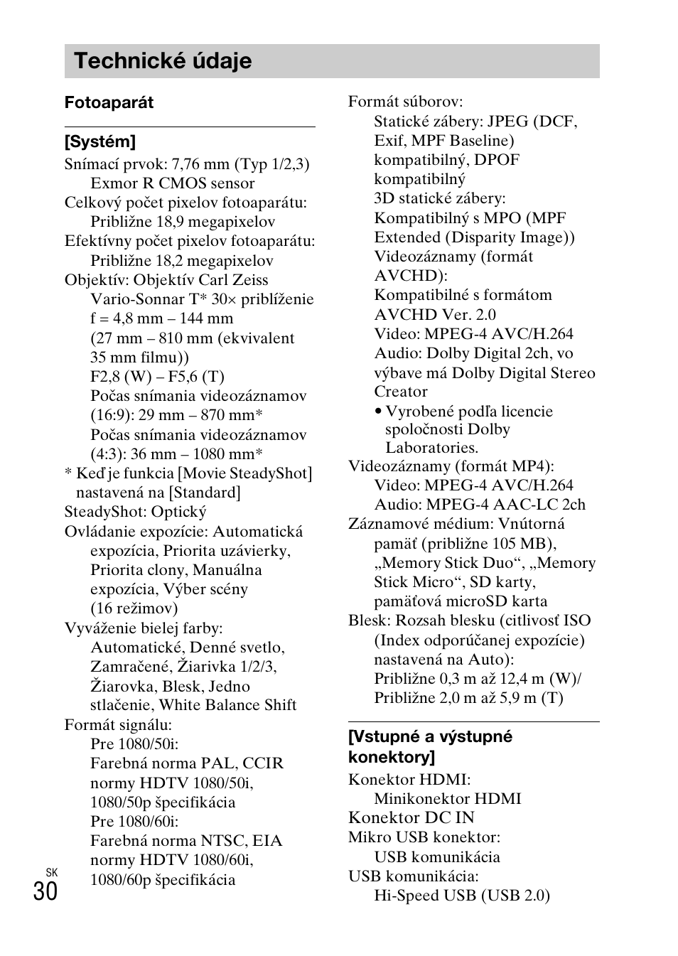 Technické údaje | Sony DSC-HX200V User Manual | Page 346 / 603