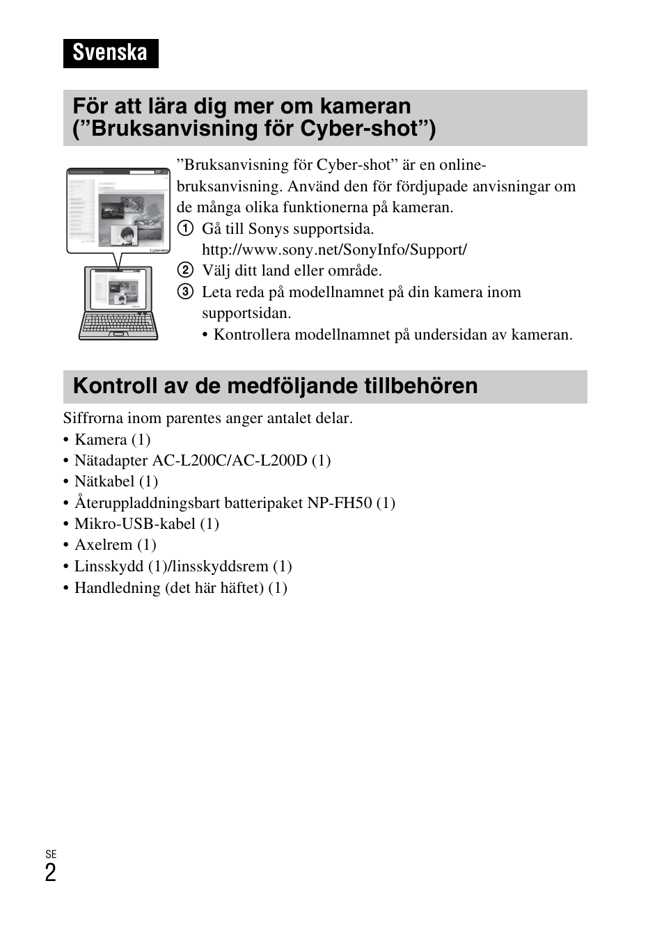 Svenska, Kontroll av de medföljande tillbehören | Sony DSC-HX200V User Manual | Page 350 / 603