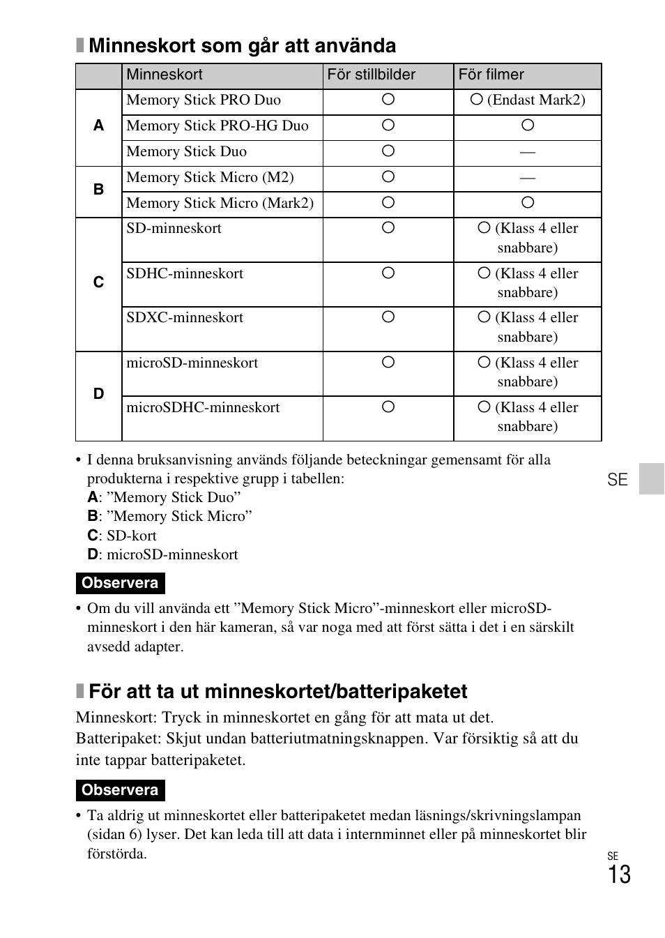 Xminneskort som går att använda, Xför att ta ut minneskortet/batteripaketet | Sony DSC-HX200V User Manual | Page 361 / 603
