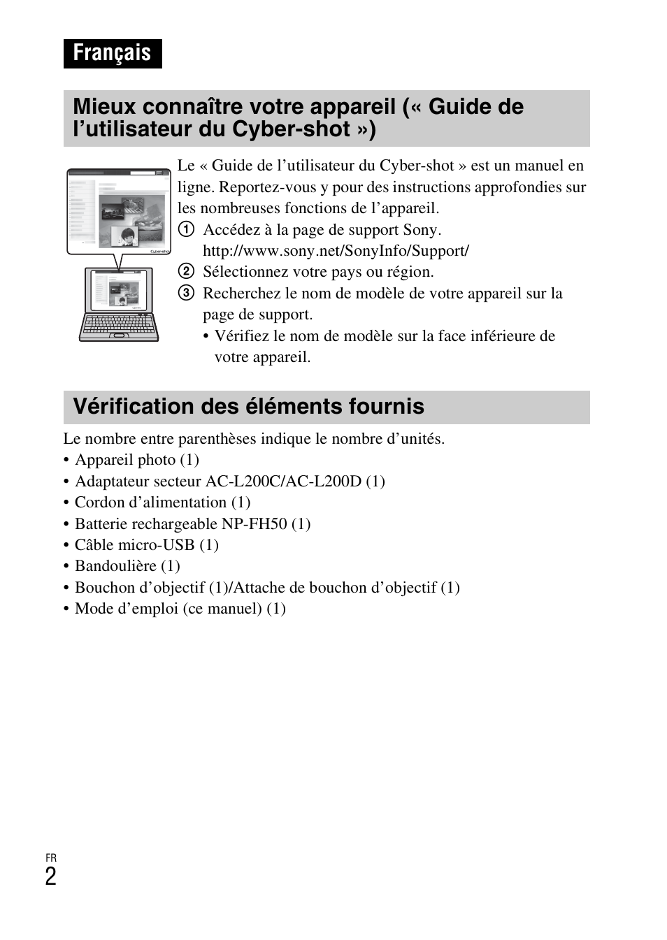Français, Vérification des éléments fournis | Sony DSC-HX200V User Manual | Page 38 / 603