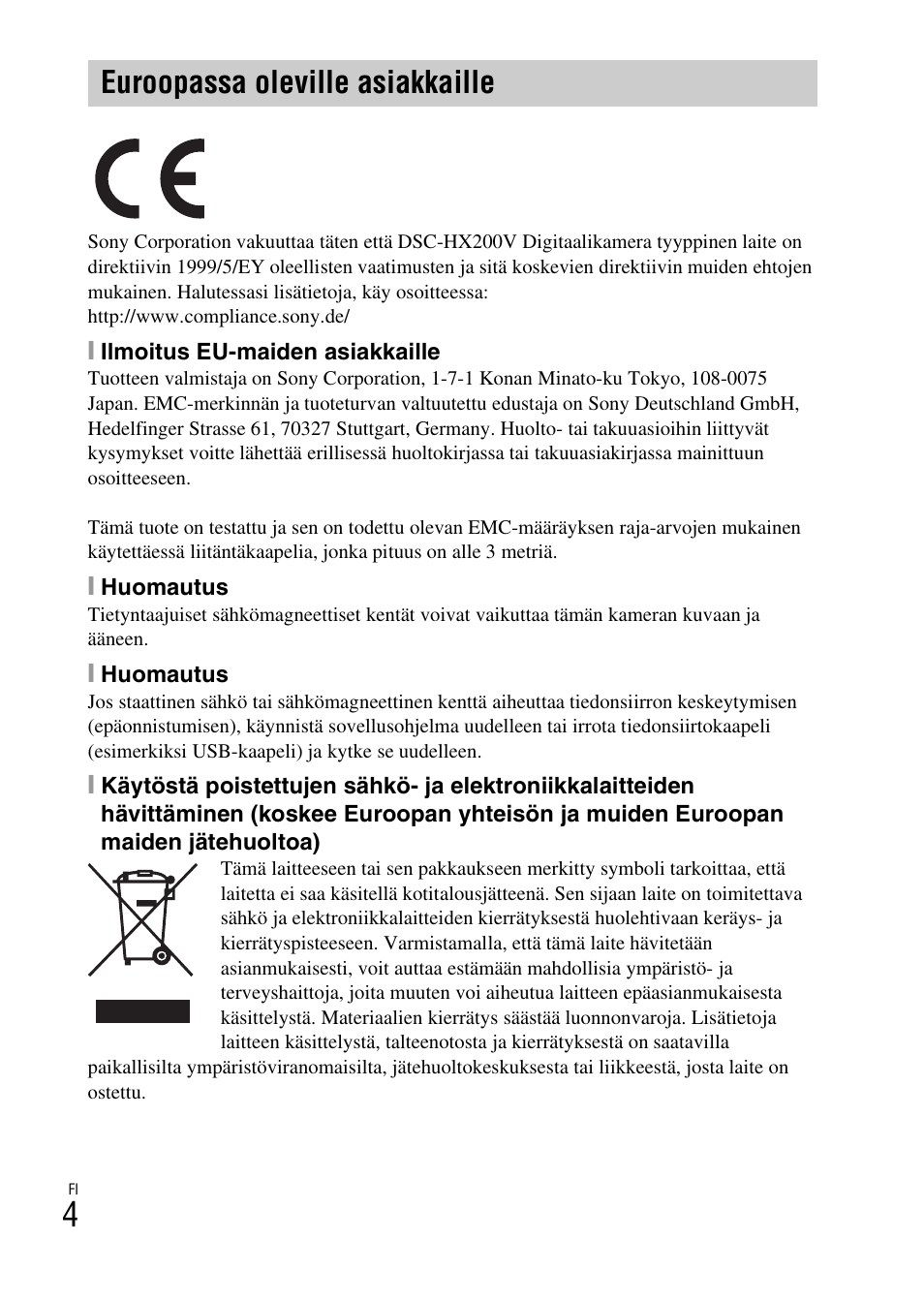 Euroopassa oleville asiakkaille | Sony DSC-HX200V User Manual | Page 382 / 603