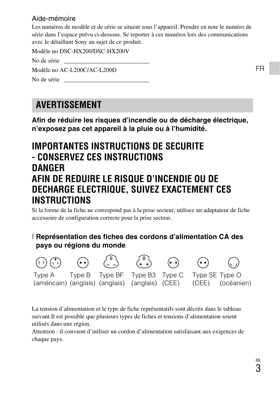 Avertissement | Sony DSC-HX200V User Manual | Page 39 / 603