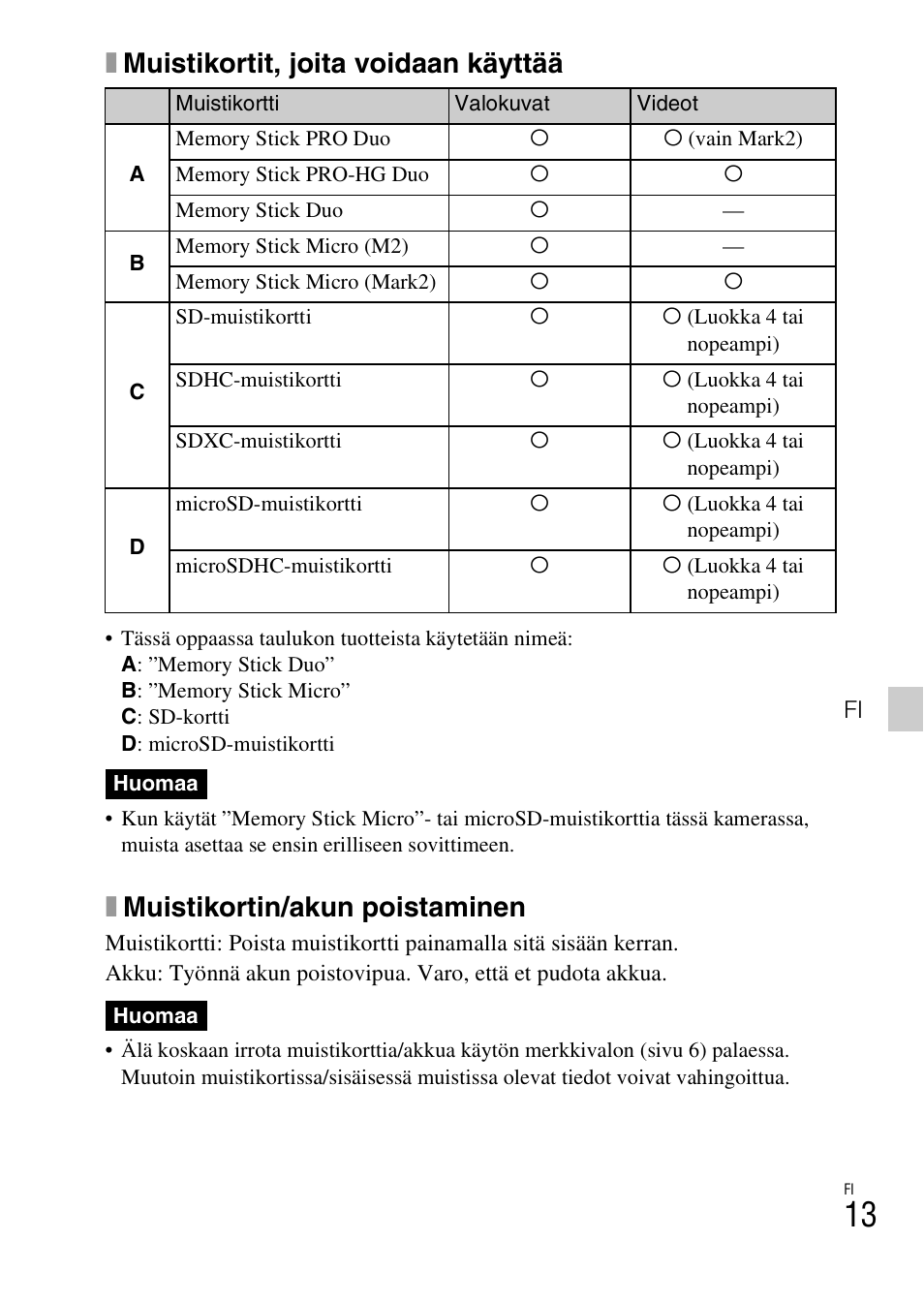 Xmuistikortit, joita voidaan käyttää, Xmuistikortin/akun poistaminen | Sony DSC-HX200V User Manual | Page 391 / 603