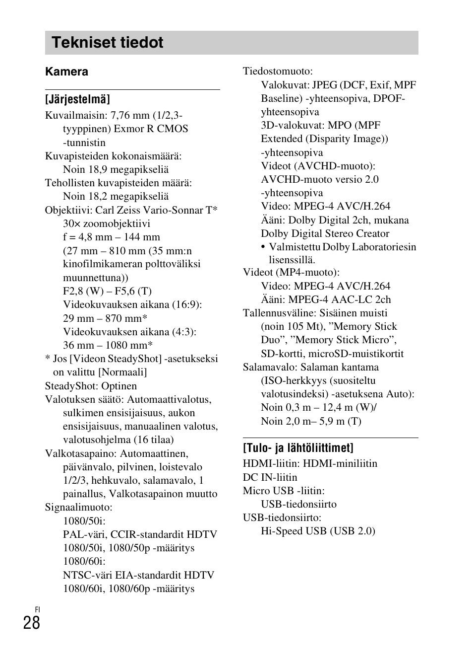 Tekniset tiedot | Sony DSC-HX200V User Manual | Page 406 / 603