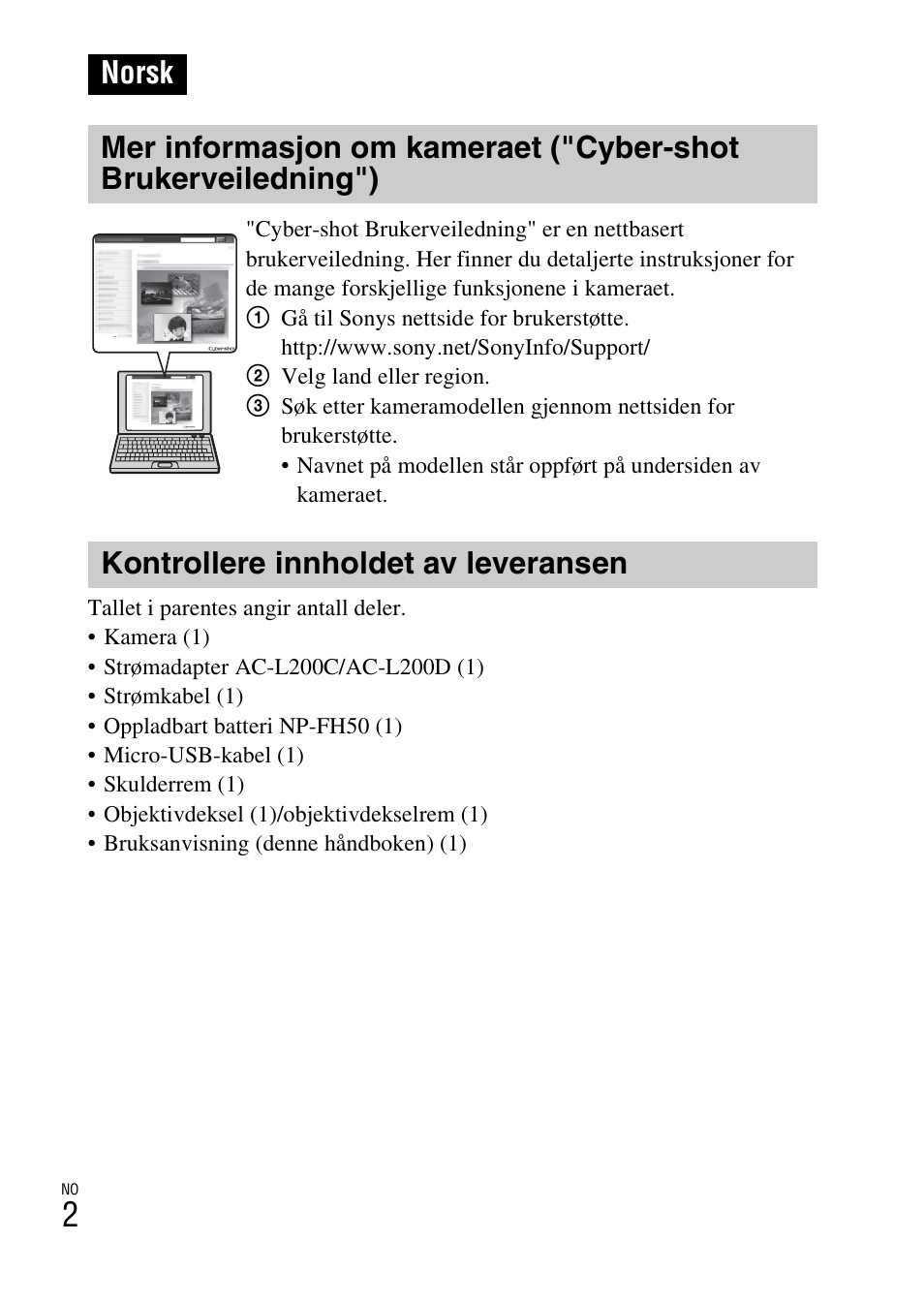Norsk, Kontrollere innholdet av leveransen | Sony DSC-HX200V User Manual | Page 410 / 603
