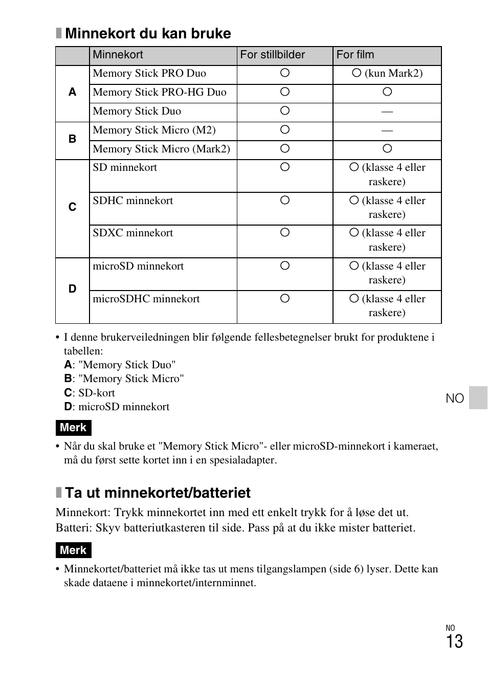 Xminnekort du kan bruke, Xta ut minnekortet/batteriet | Sony DSC-HX200V User Manual | Page 421 / 603