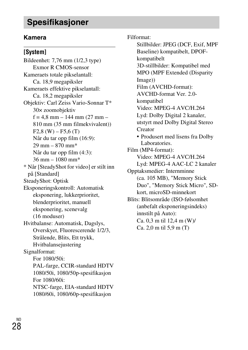 Spesifikasjoner | Sony DSC-HX200V User Manual | Page 436 / 603