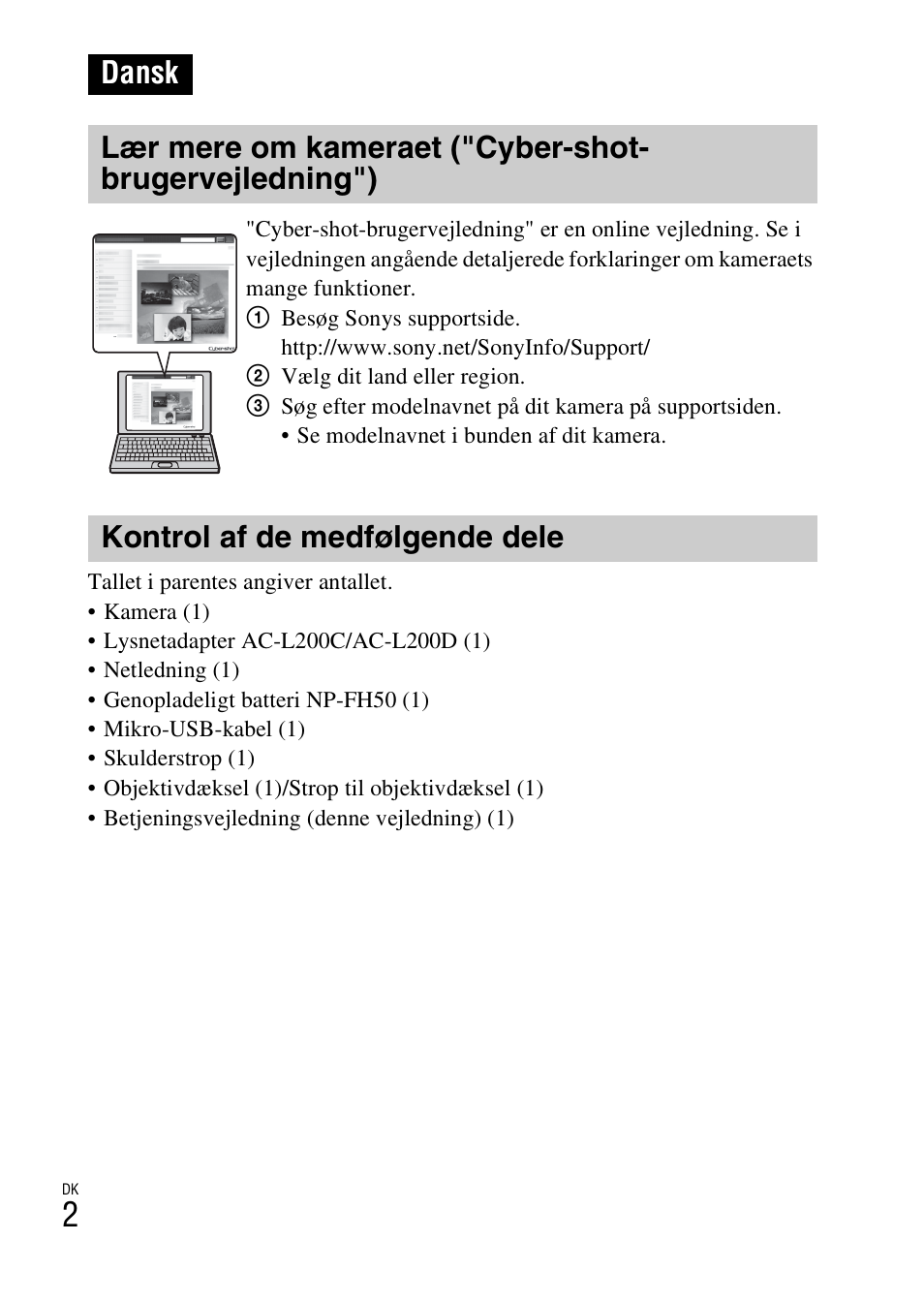 Dansk, Kontrol af de medfølgende dele | Sony DSC-HX200V User Manual | Page 440 / 603